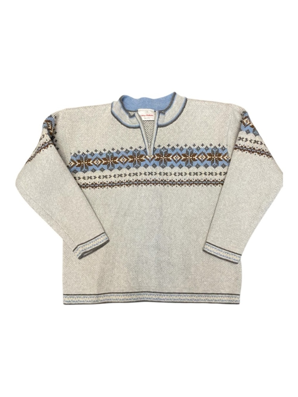 Light Gray and Blue Nordic-Pattern Men’s Sweater